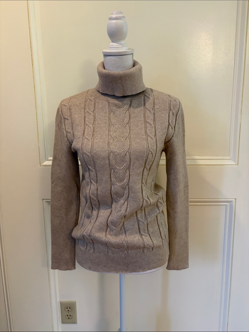 Cozy Taupe Cable-Knit Turtleneck Sweater